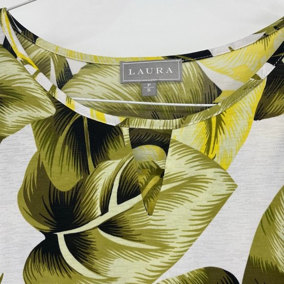 Laura Green and Yellow Botanical Leaf print flutter sleeve blouse keyhole neck S - Picture 8 of 12